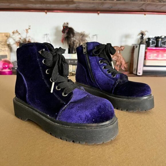Dolls Kill YRU Slayr Purple Velvet Combat Boots - Picture 1 of 12